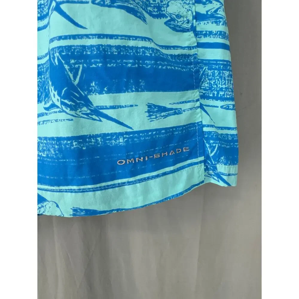 Columbia PFG Swim Trunks Men XL Blue Fish Print Omni Shade Mesh Lined Drawstring